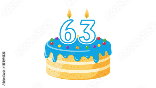 Illustration of a yellow birthday cake with blue icing and colorful sprinkles featuring the number 63 on top against a white background.