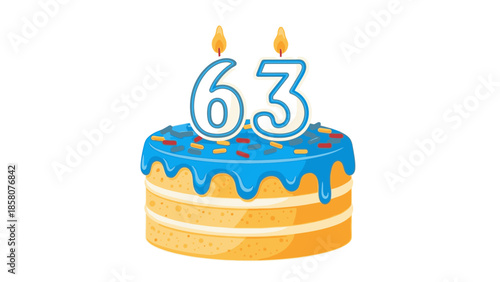 A colorful cartoon cake with blue icing and a lit candle forming the number 63 on top, against a plain white background.