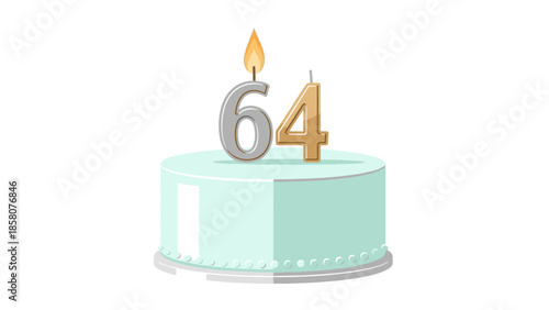 Digital illustration of a light blue birthday cake with a lit candle in the shape of the number 64 on top, against a white background.