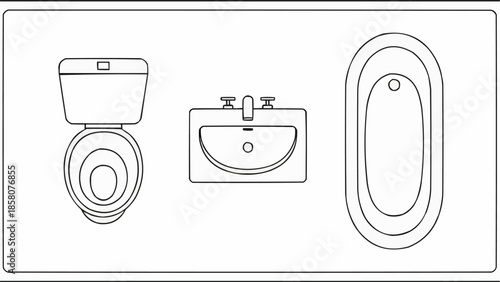 Top view line drawing of bathroom fixtures including toilet sink and bathtub.