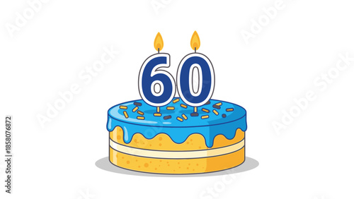 Illustration of a blue and yellow birthday cake with two lit candles forming the number 60 on top against a white background.