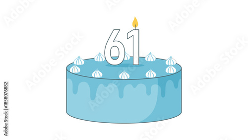 A light blue birthday cake with white frosting and a lit candle in the shape of the number 61 on top, against a clean white background.