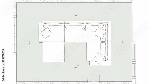 Top view architectural floor plan of a modern living room layout.