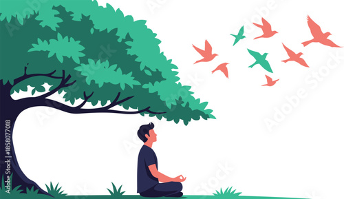 Man meditating under tree