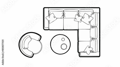 Top view floor plan of a sectional sofa and coffee table.
