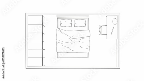 Top view floor plan of a modern bedroom layout.