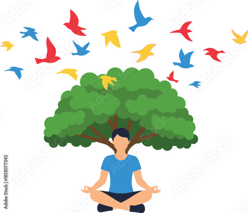 Person meditating under tree