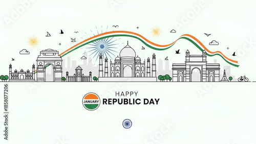 Republic day illustration of india monuments with tricolor wave and ashoka chakra in clean line art style for 26 january independence celebration and republic festival background