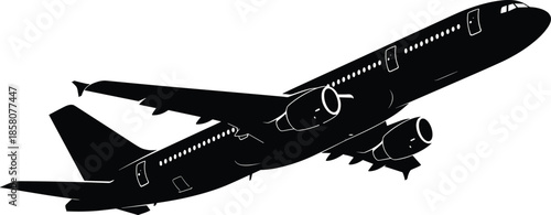 Black and white commercial airplane silhouette vector illustration of a passenger jet taking off isolated on white background for travel.