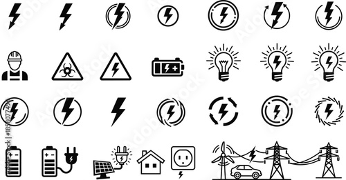 Black and white electricity vector icon set with lightning bolts, solar panels, power lines, batteries, and electrical safety warning symbols.