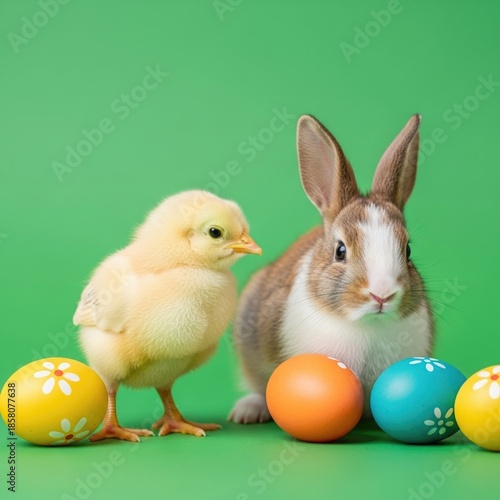 Wallpaper Mural Adorable Easter bunny and chick with colorful eggs on green Torontodigital.ca