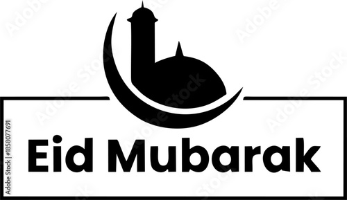 Eid Mubarak Greeting Logo with Mosque Dome and Crescent Moon