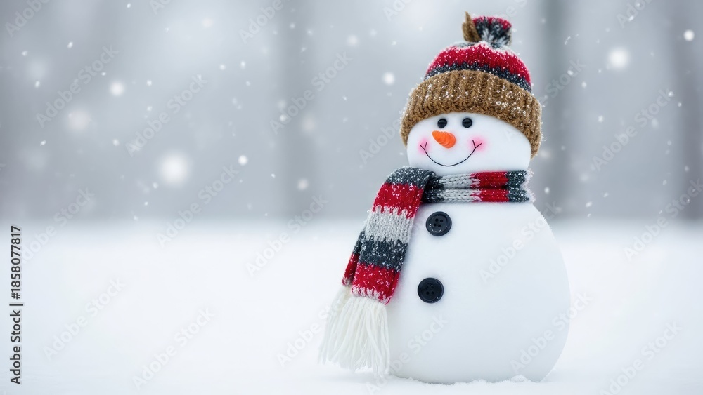 Fototapeta premium Smiling snowman with a hat and scarf in a snowy winter landscape
