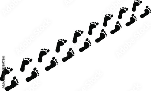 Black and white human footprint vector set featuring bare feet walking in a diagonal trail isolated on white background.