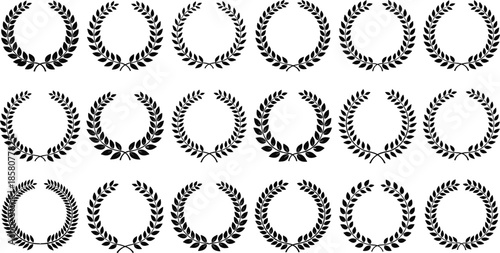 Black and white laurel wreath vector icon set with various circular foliage branch designs isolated on white background for awards.