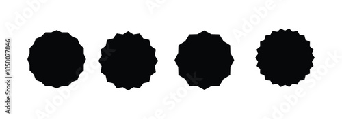 Rounded starburst set with zigzag edges. Black starburst set for marketing, sale , offer, discount, quality. Blank promotional sale stickers isolated on white background.