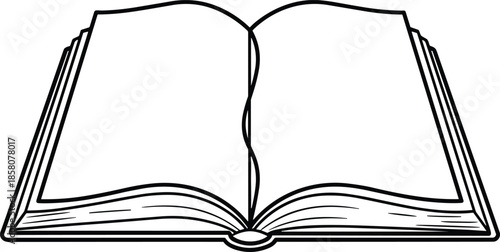 Black and white open book line art vector illustration with blank pages isolated on white background for education and literacy.