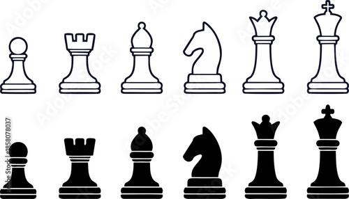 Complete Chess Piece Set Line Art Outline Vector Icons