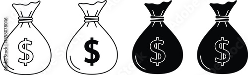Black and white money bag vector icon set with dollar sign currency symbols isolated on white background for financial wealth.