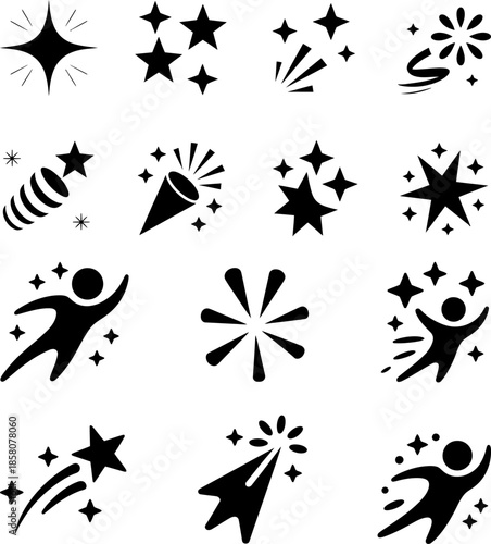 Twelve black and white icons representing celebrations and achievements