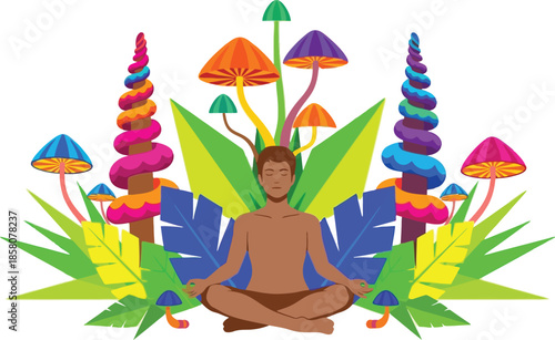 Man meditating with mushrooms