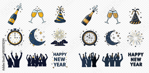 New Year celebration flat design icons set with champagne, clock, fireworks, and happy people silhouettes.