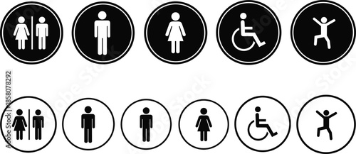 Black and white restroom sign vector set with male female disabled and gender neutral symbols for public facility navigation and signage.