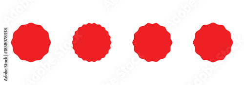 Red starburst icon set. Wavy edges design elements for price tag, sale, quality mark. Flat vintage labels.