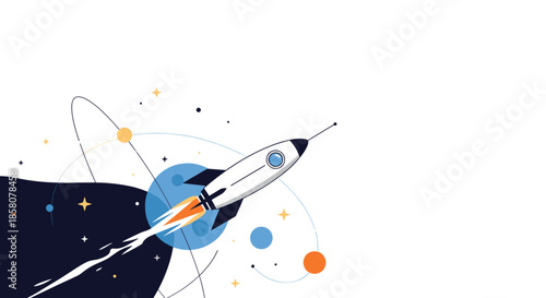 A minimalist illustration of a white rocket ship launching into space with planets and stars.