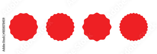Red starburst icon set. Wavy edges design elements for price tag, sale, quality mark. Flat vintage labels.