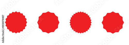 Red starburst icon set. Wavy edges design elements for price tag, sale, quality mark. Flat vintage labels.