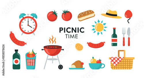 A collection of picnic-themed illustrations, including food, drinks, and accessories, for a fun outdoor meal.