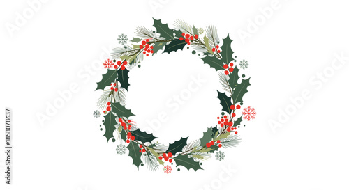 Christmas holly and berry wreath with snowflakes and pine branches, isolated on white.