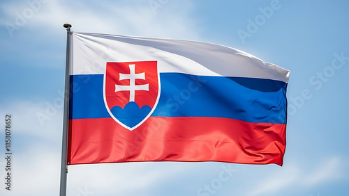 Free Download slovak flag waving in wind against blue sky with clouds national symbol of slovakia representing freedom patriotism and national pride outdoors on flagpole - GFXLoad