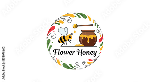 Illustration of a bee and honey pot surrounded by decorative floral elements with the text \ "Honey Harvest".