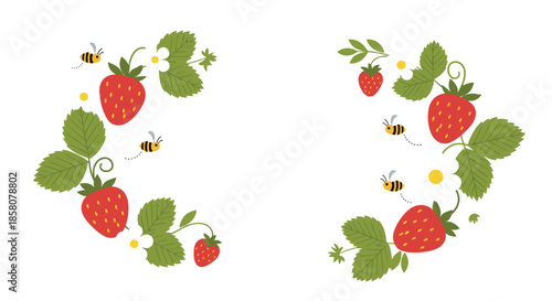 Strawberry vines with red fruit, green leaves, white blossoms, and flying bees form a decorative corner border on a white background.