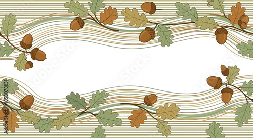 Autumnal oak leaf and acorn border with wavy lines on a striped background, creating a natural frame for text or design.