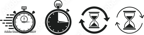 Black and white timer and hourglass vector set with stopwatch, speed lines, and countdown symbols isolated on white background for productivity.