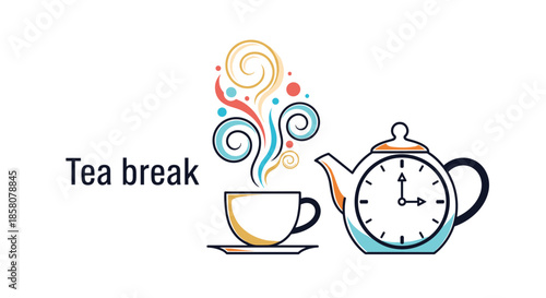 Illustration of a tea break with a steaming cup of tea and a teapot featuring a clock face, suggesting a scheduled pause for refreshment.