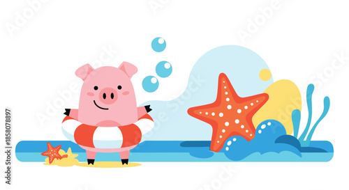 A cute cartoon pig in a red and white swim ring enjoys a sunny beach day with a vibrant orange starfish and blue ocean elements.