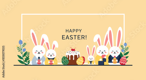 Happy Easter greeting card featuring charming bunny families, a festive cake, decorated eggs, and spring floral accents.