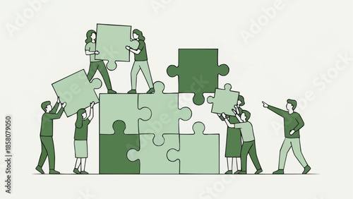 Teamwork assembling a large puzzle together showing collaboration and success.