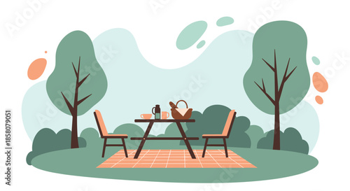 An idyllic outdoor picnic scene featuring a table, chairs, and a checkered blanket set amongst lush trees and bushes on a beautiful day.