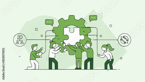 Teamwork assembling a large green gear puzzle piece together.