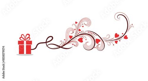 A red gift box with a flowing ribbon that transforms into an ornate, heart-filled flourish, symbolizing love and giving.