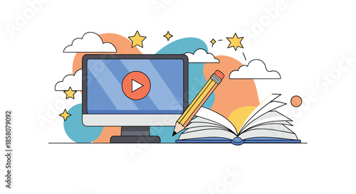 Illustration depicting the fusion of online learning and traditional education, featuring a computer, pencil, and open book amidst clouds and stars.