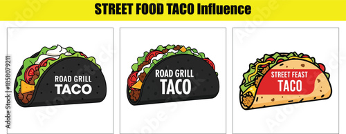 Three Cartoon Tacos With Text Labels For Street Food Influence fast food mexican food