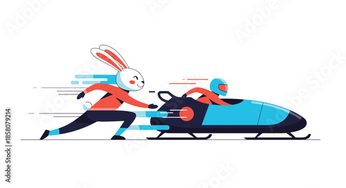 A determined rabbit athlete pushes a bobsled with a pilot inside, illustrating speed and teamwork in a dynamic winter sports scene.