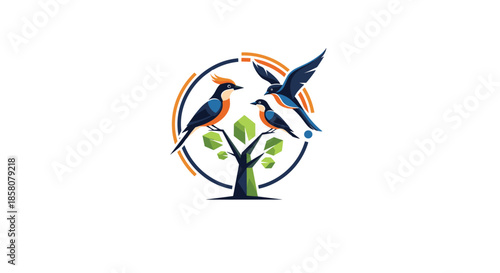 A stylized logo illustration of three colorful birds on and around a green tree, set within a segmented circular frame, symbolizing nature and wildlife.