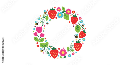 A vibrant, colorful wreath illustration featuring ripe strawberries, various blooming flowers, and busy bees, perfect for spring and summer themes.